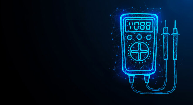 High-tech digital multimeter with glowing neon blue outline showing 000 reading, symbolizing electrical measurement and diagnostics in modern tech.