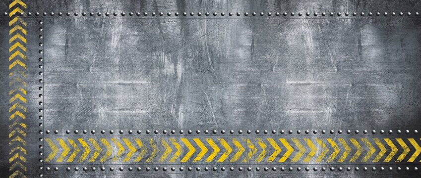Industrial metal floor tile with yellow hazard arrows, worn steel surface texture and riveted grunge background for futuristic game design
