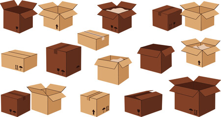 Fototapeta premium Various Cardboard Boxes with Open and Closed Styles, Packing Arrows, and Seals for Shipping and Packaging Solutions