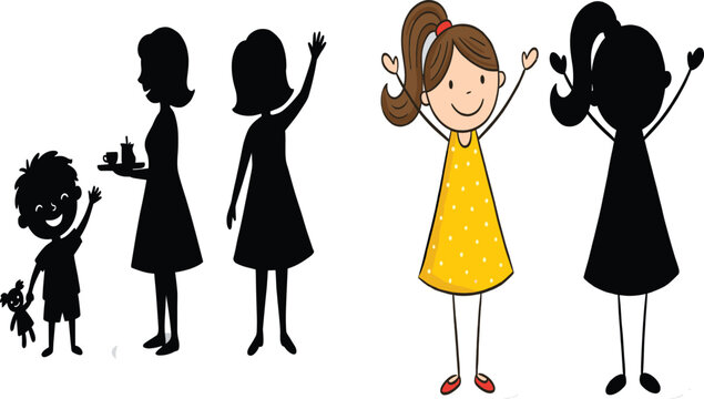 Vector set of children and adults in silhouette with cheerful cartoon girl character for educational designs