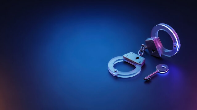 3D render of metallic handcuffs and key illuminated with neon purple and blue light, symbolizing security, law enforcement, or cyber concept.