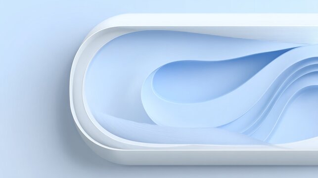 Abstract structure features layered, flowing blue planes within a rounded white frame.