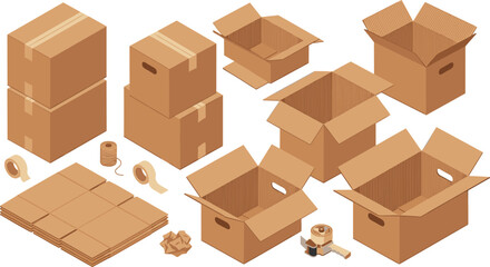 Fototapeta premium Cardboard Boxes and Packing Materials Set with Tape, Spools, and Various Box Sizes for Shipping and Storage Solutions