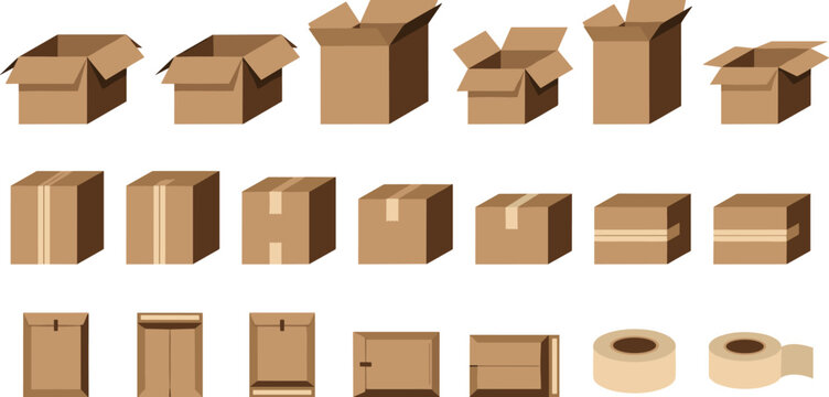 Cardboard Boxes and Packaging with Seals, Tape, and Various Styles for Shipping, Moving, and Storage Designs