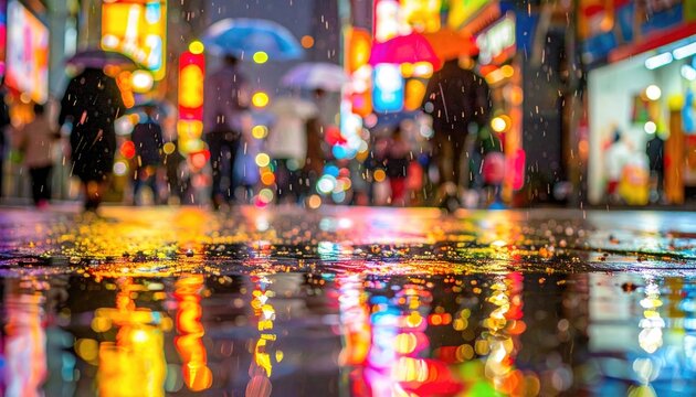 People with umbrellas walk under bright lights in a rainy city street at night