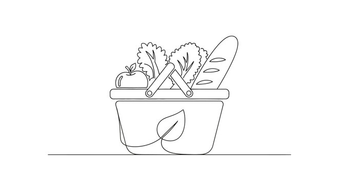 Continuous line drawing of a shopping basket with healthy groceries and an eco-friendly leaf.