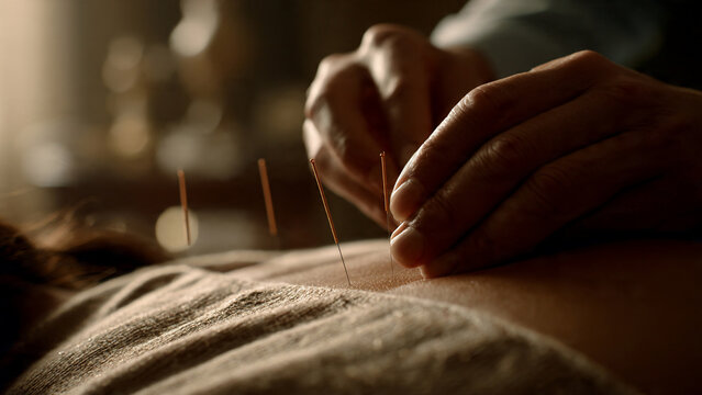 Close-up of practitioner's hands placing golden acupuncture needles into patient's back, warm cinematic lighting, concept for holistic therapy