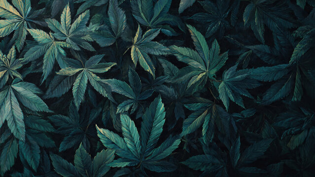 Close-up of overlapping dark teal cannabis leaves with detailed veins on a deep shadowy background, suitable for botanical backgrounds, wellness