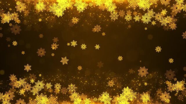 Golden snowflake holiday frame sparkling particles, warm bokeh, dark empty center space. Christmas videos, festive greetings, winter promos, luxury invitations, celebration titles, seasonal overlays.
