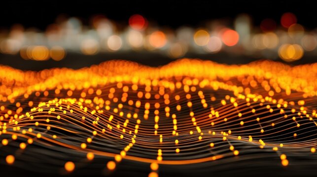 Illuminated network points undulate across a dark surface with a blurred urban background