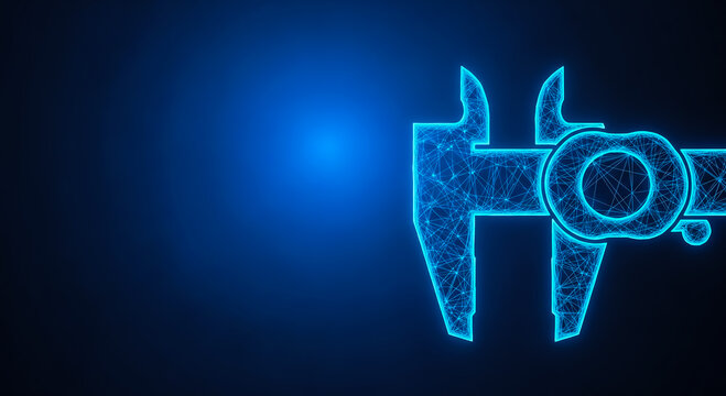Abstract digital illustration of a caliper tool with geometric patterns on a dark blue background.