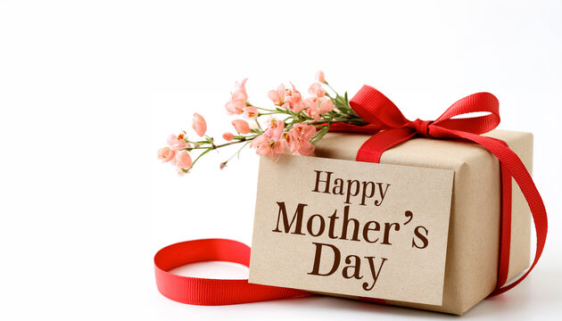 Gift Mothers Day with red ribbon on white background. Decoration Happy mother's day holiday background concept. mom white card with gift box on modern beautiful. Copy space