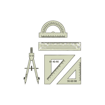 Vintage Hand-Drawn Geometry Tool Set Illustration featuring Compass, Protractors, Rulers, and Set Squares