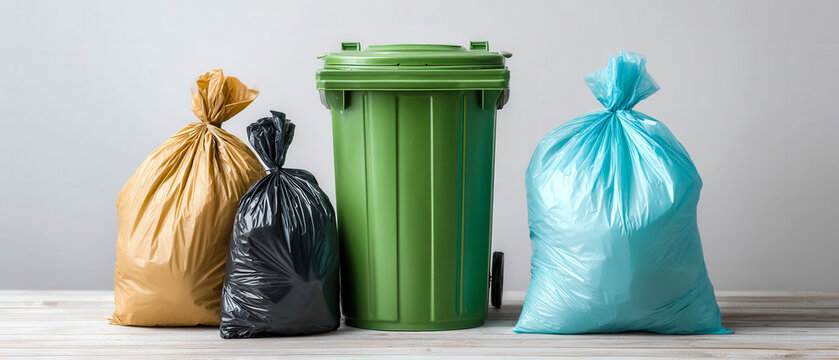 People sort different types of waste into garbage bags next to a green recycling bin in a home setting