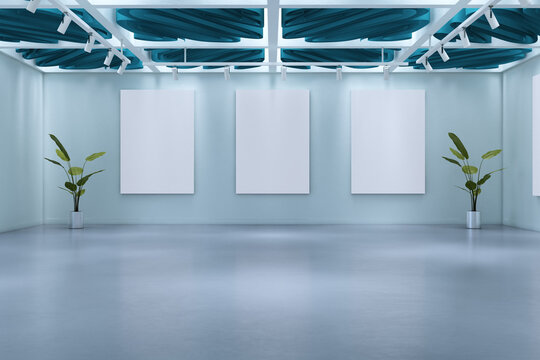 Blank vertical posters in modern gallery interior with clean light background and decorative ceiling panels creating spacious presentation mockup. 3D Rendering