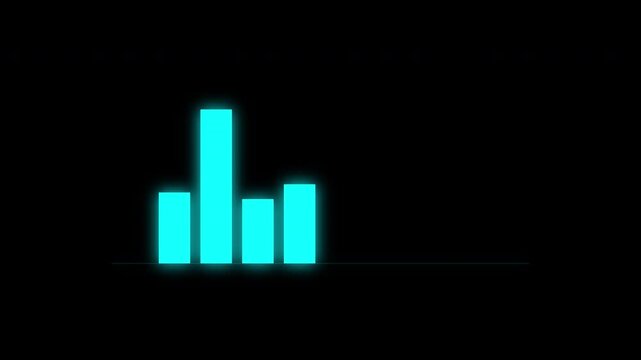 Animated 2D loading bar graph building up sequentially, showcasing progress with vibrant glowing cyan bars against a stark solid black background.
