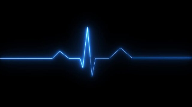Glowing Blue Heartbeat ECG Line on Dark Background, Futuristic Medical Pulse Monitor Waveform, Neon Cardiology Signal Graph, Digital Health Care Technology Concept, Vital Signs Rhythm Display