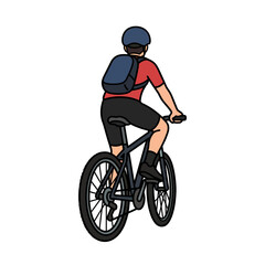 Naklejka premium Man riding bicycle with backpack and helmet, rear view, illustration