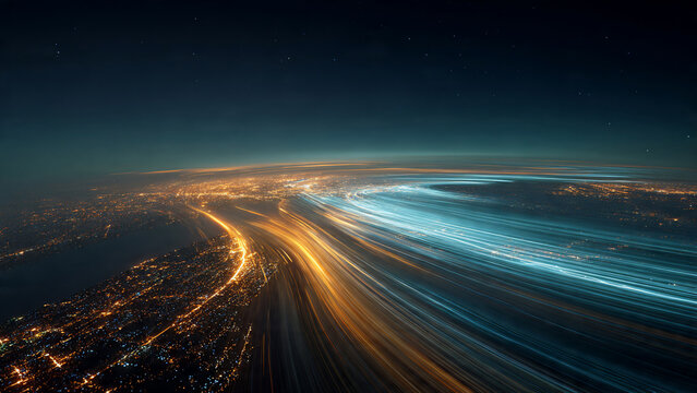 Dynamic blue and gold light trails streaking across a coastal city at night, aerial long exposure, high-speed data and transportation concept for