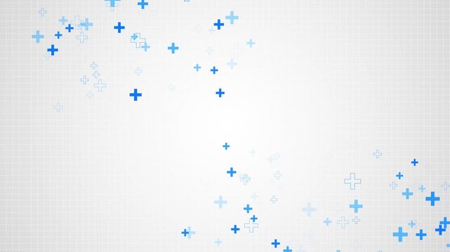 Clean medical plus background with blue cross symbols, white grid texture, and bright clinical copy space. Perfect for healthcare videos, hospital presentations, pharmacy promos, and science overlays.
