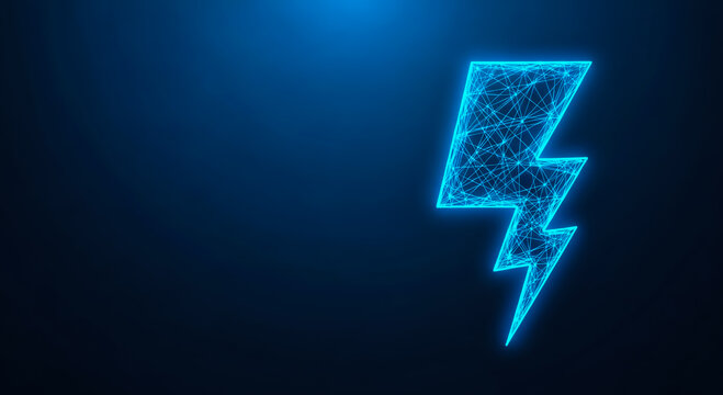 High-energy lightning bolt symbol in bright blue neon glow, representing power, speed, and electricity on a dark futuristic backdrop.