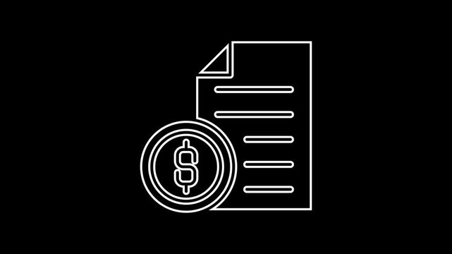 Animated outline invoice icon on black background. 4k video