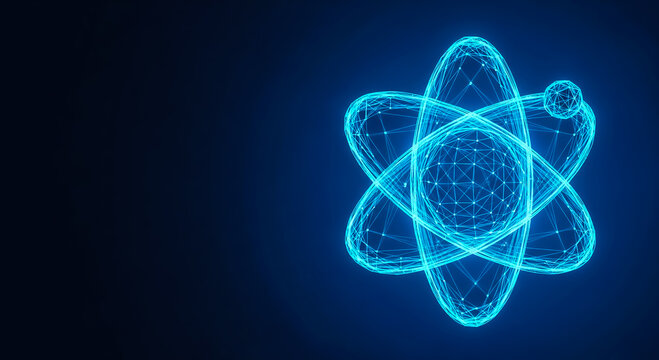 High-detail 3D illustration of an atom with glowing electron orbits and nucleus, set against a dark blue background for a futuristic effect.