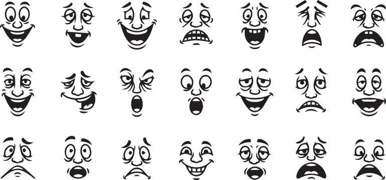 Funny Cartoon Facial Expressions and Emotions Icon Set