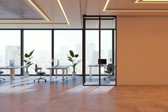 Modern spacious corporate office interior with large windows, desks, plants, and cityscape view illuminated by soft natural light. 3D Rendering
