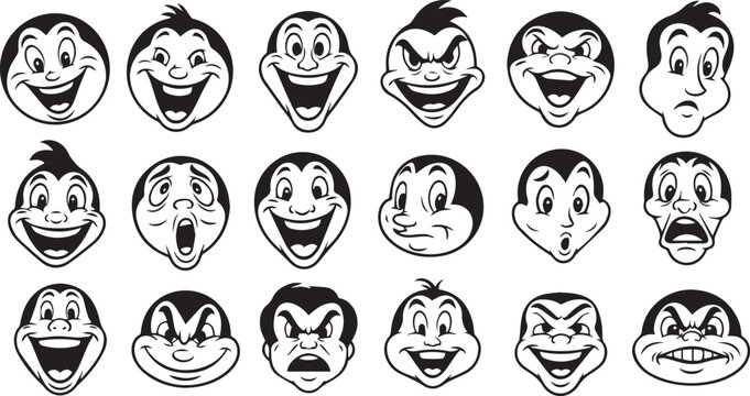 Retro Cartoon Man Facial Expressions and Emotions Icon Set