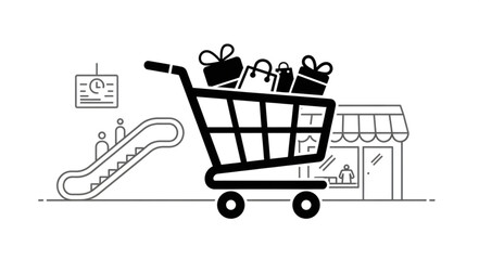Shopping cart filled with gifts and shopping bags in front of a store. © Mutmainah