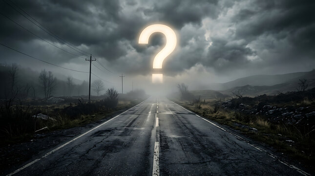 A foggy road ahead with a glowing question mark symbolizes uncertainty and mystery