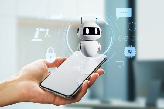 Small holographic robot emerging above smartphone held in hand with futuristic digital icons and soft blurred background depicting modern tech concepts.