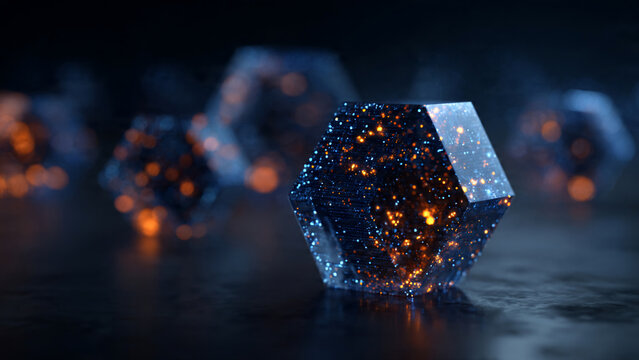 Glowing polyhedron with dark metallic texture and internal bokeh lights, 3D rendering, perfect for cryptocurrency visualization, abstract background