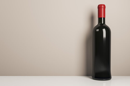 Wine bottle mockup standing on clean surface with blank design space against light background for elegant branding concept.. 3D Rendering