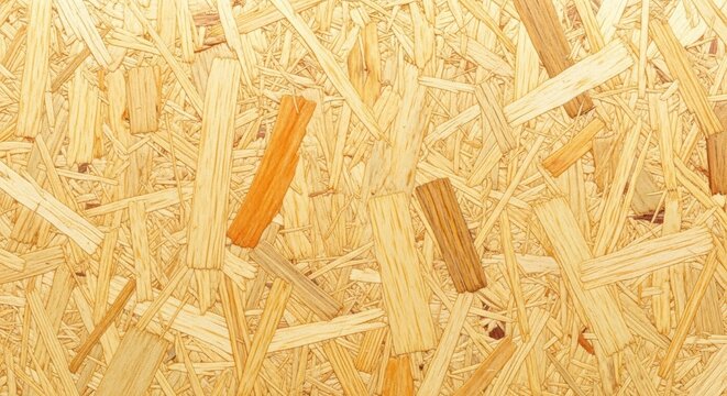 Closeup texture of oriented strand board osb wood panel, showing the compressed wood chips and flakes pattern for construction and building material background