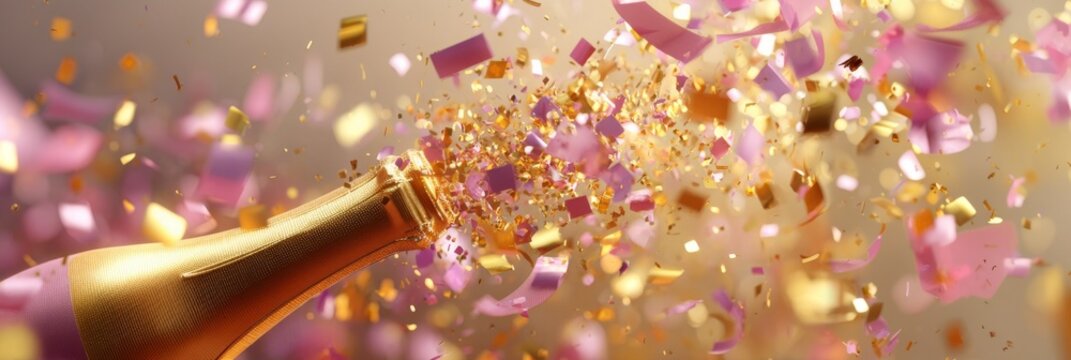 Celebration with champagne and colorful confetti exploding in the air.