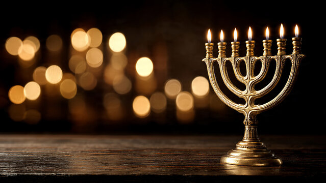 Golden ornate menorah with seven lit candles on dark wooden table, warm golden bokeh background, close-up shot, concept for Hanukkah celebrations