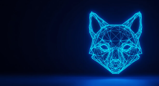 A futuristic glowing blue wireframe fox head in 3D, set against a dark gradient background, evoking digital art and technology themes.