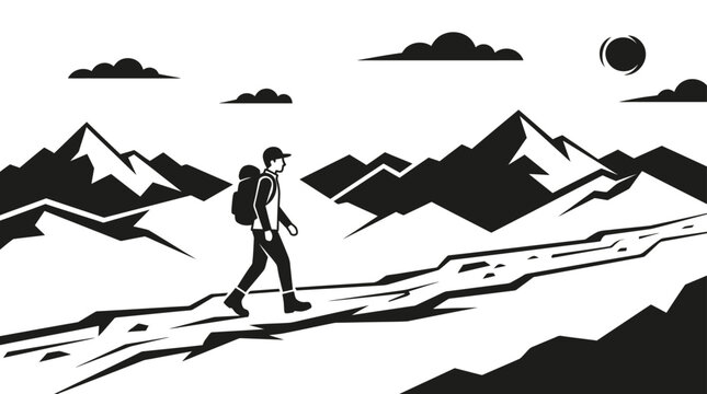 Man hiking on mountain trail alone.