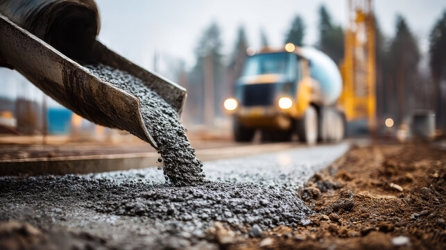 Concrete pouring from truck chute onto construction site ground