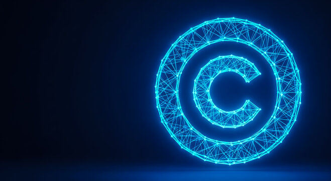 A futuristic, neon-blue copyright symbol composed of geometric lines, set against a dark background, representing intellectual property and digital rights.
