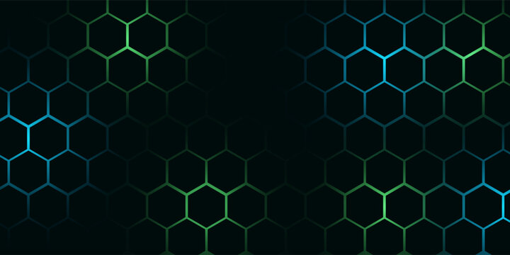 Dark hexagon abstract technology background with blue and green colored bright flashes under hexagon. Hexagonal gaming vector tech illustration black abstract background.