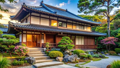 Fototapeta premium Traditional Japanese House with Lush Garden at Sunset.
