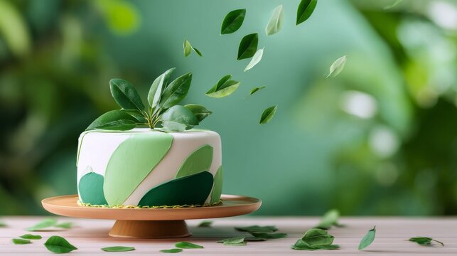 A beautifully decorated green cake topped with fresh leaves and surrounded by falling leaves.