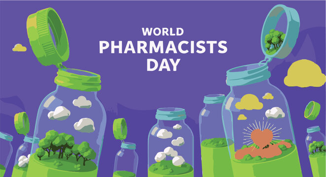Whimsical mini ecosystems in glass jars with green lids on purple background for World Pharmacists Day in colorful vibrant lighting for pharmacy marketing