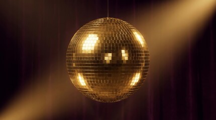 Obraz premium A close-up, illuminated golden disco ball hangs suspended, casting shimmering light in a dimly lit, atmospheric setting with dramatic spotlighting and purple drapes in the background
