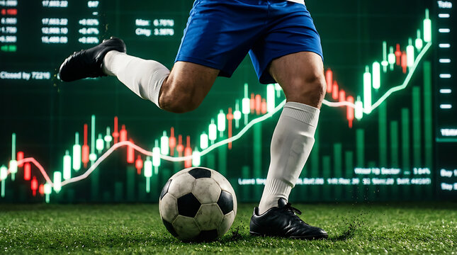Soccer player kicking ball amidst rising stock charts, representing sports finance and market analysis