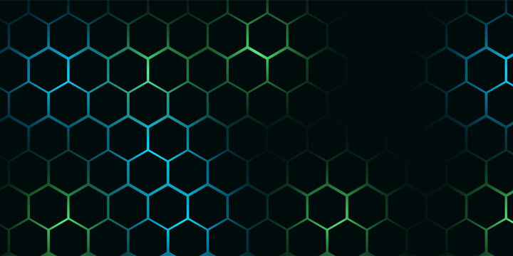 Dark hexagon abstract technology background with blue and green colored bright flashes under hexagon. Hexagonal gaming vector tech illustration black abstract background.