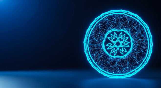 A vibrant blue orb with intricate network patterns and a central floral design, set against a dark backdrop.